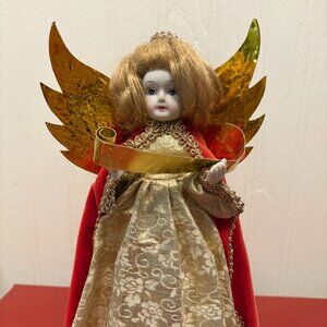 Vintage Christmas Angel Tree Topper /Figurine with porcelain head & hands, 9.5"